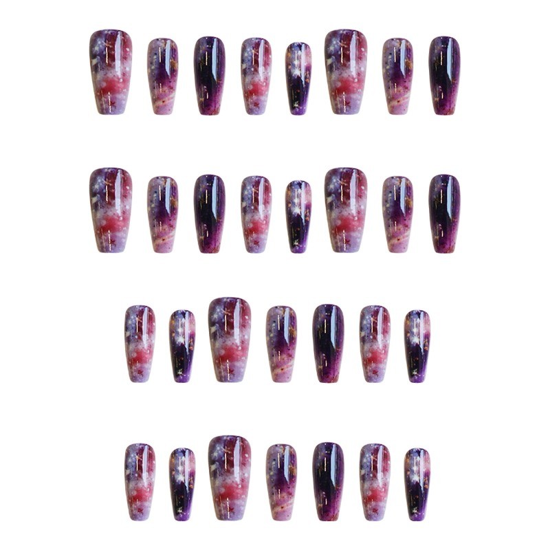 48pcs Galaxy Press on Nails Long Coffin with Purple Gradient Star Accents Nails