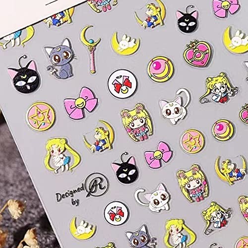 New Cartoon Anime Princess Moon Hare Nail Sticker Decals 5D Embossed Anime Moon