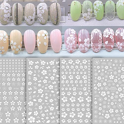 Flower Nail Stickers,3D White Cherry Blossoms Nail Decals Nail Art Supplies