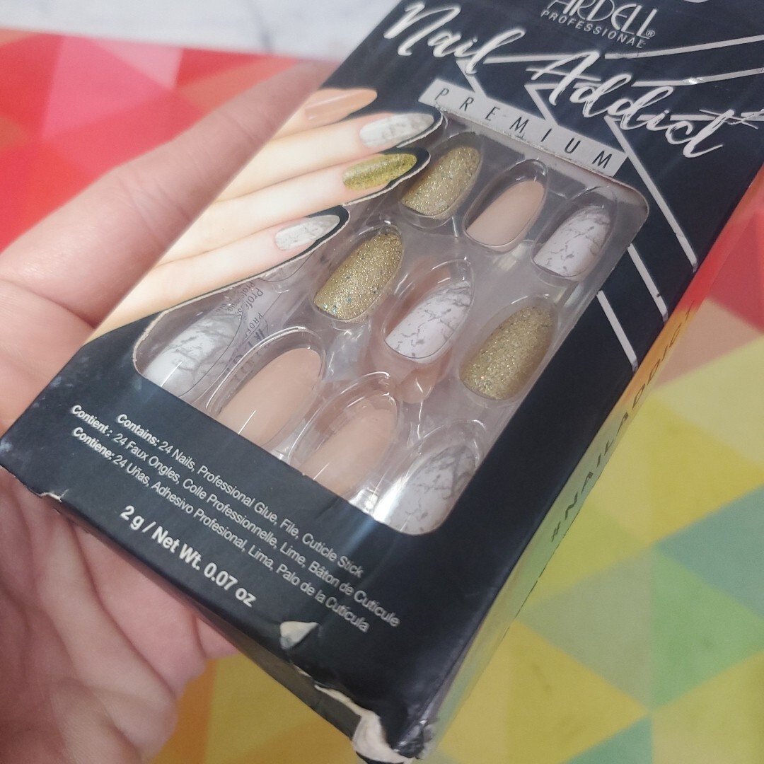 Ardell Professional Nail Addict Premium 24 Nails ~ Pink/Marble/Gold Glitter NEW