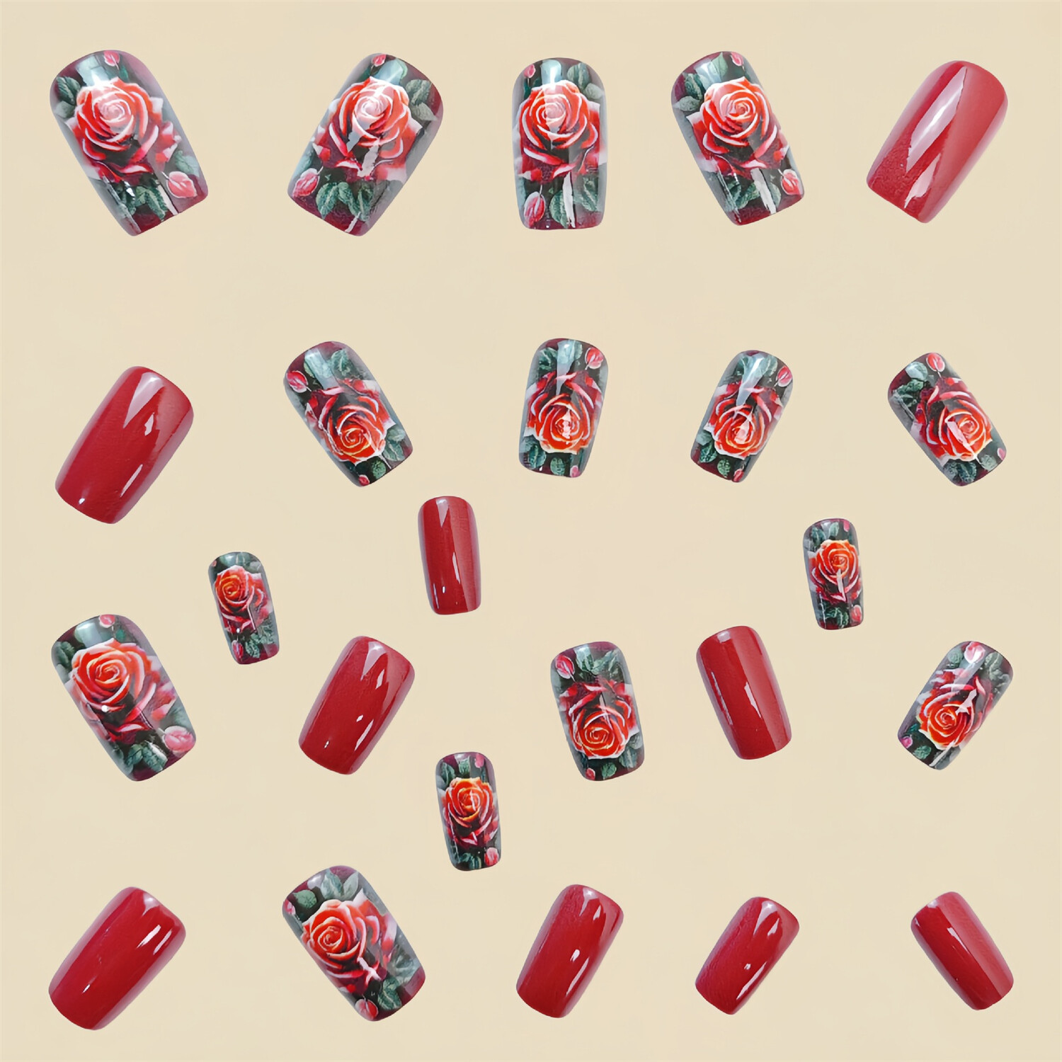 24pcs Rose Pattern Short Square Press-On Fake Nail Valentine’s Day Manicure