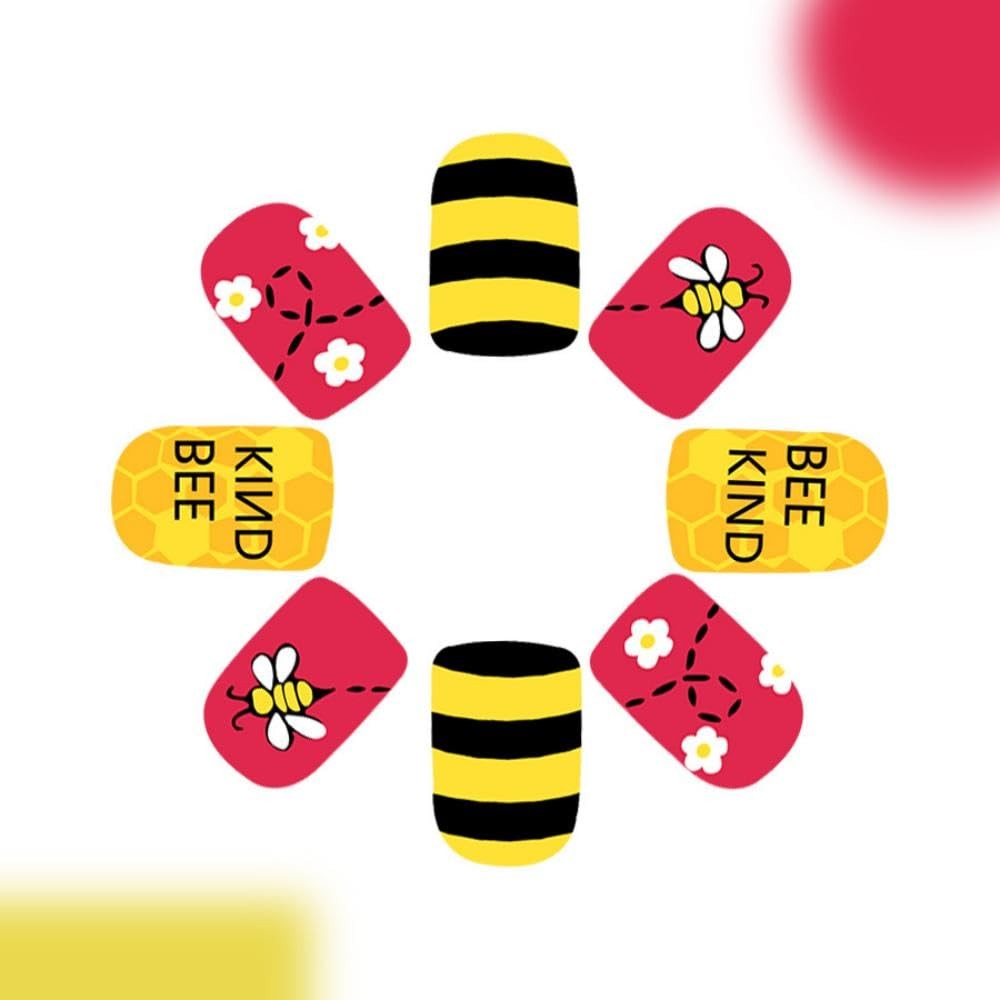 Bee Press on Nails Short Square False Nails withFlower Daisy Design Yellow Bl…