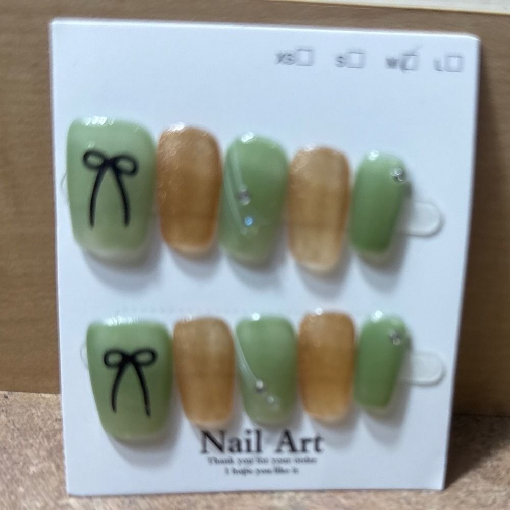 Sage Green and Gold Bow Press On Nails Handmade Rhinestone Coquette Set Size S