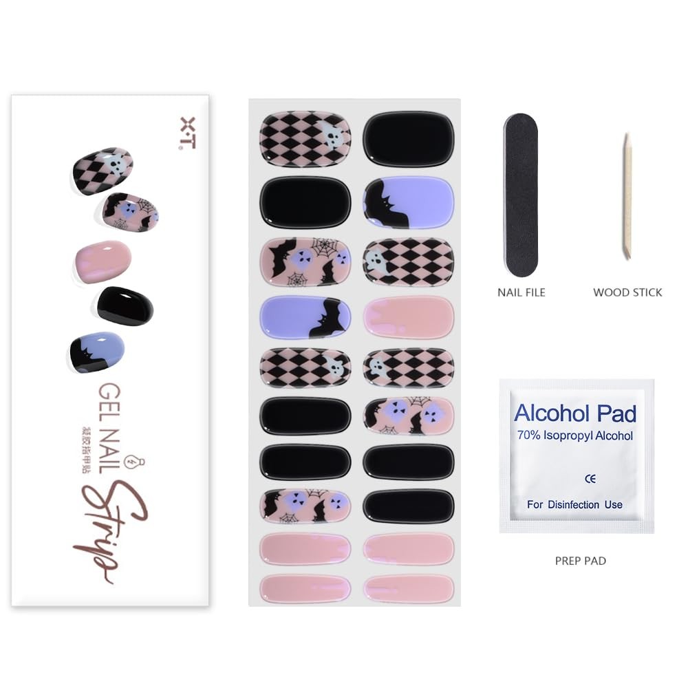 Halloween Semi Cured Gel Nail Strips, Cute Bat Ghost UV Nail Wraps – Long Las…