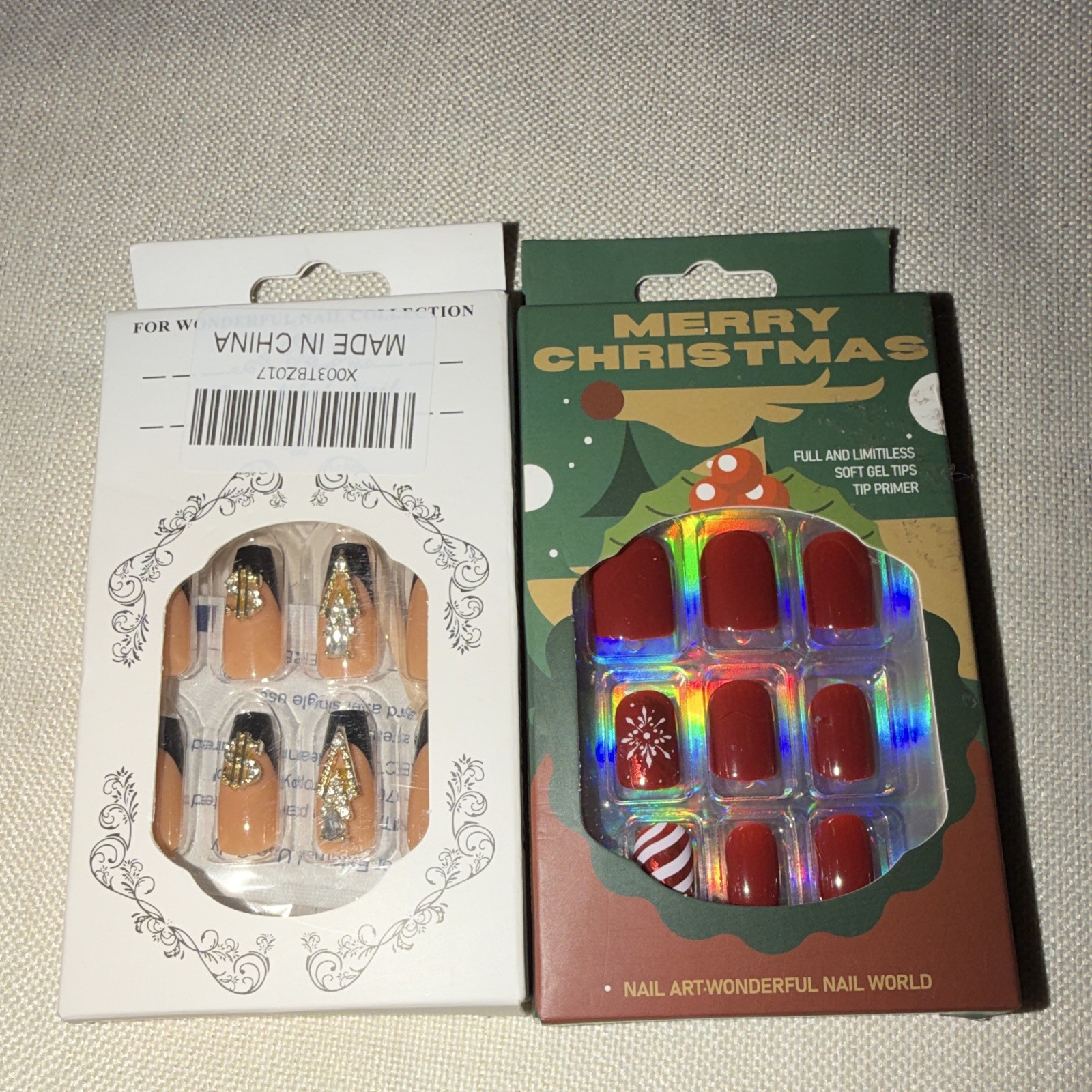 Christmas Press-On Nails Glitter Pre-Designed Medium Square Red/Nude/Gold