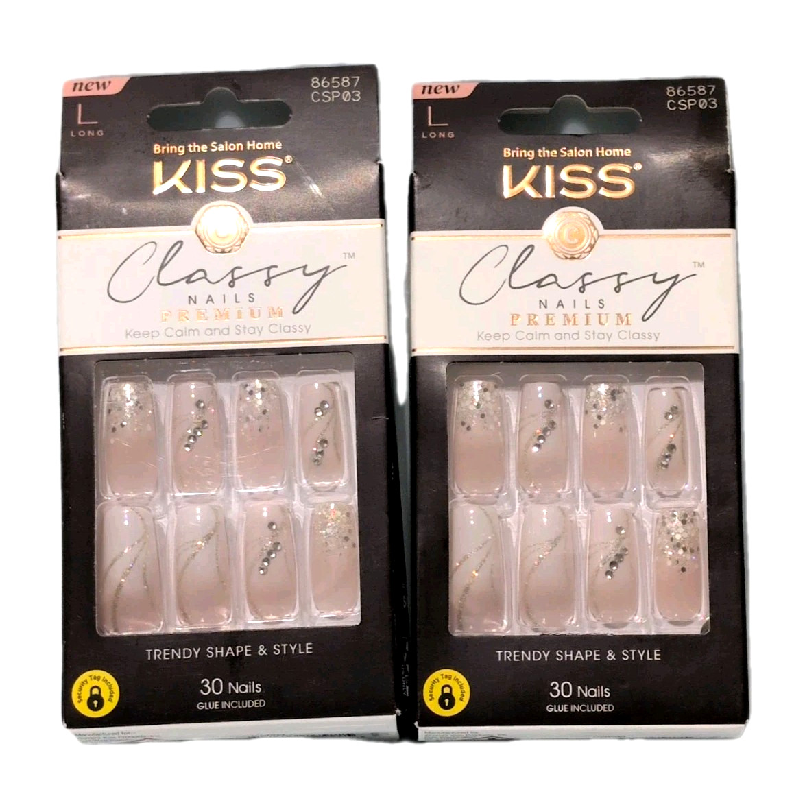 KISS Premium 3D Classy Nails Long Coffin Jewel Glitter CSP03 Lot 2 pkg 30pc ea