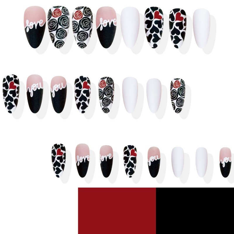 48PCS Long Black and Pink Heart-shaped Rose Nail Press, Reusable Nail Art