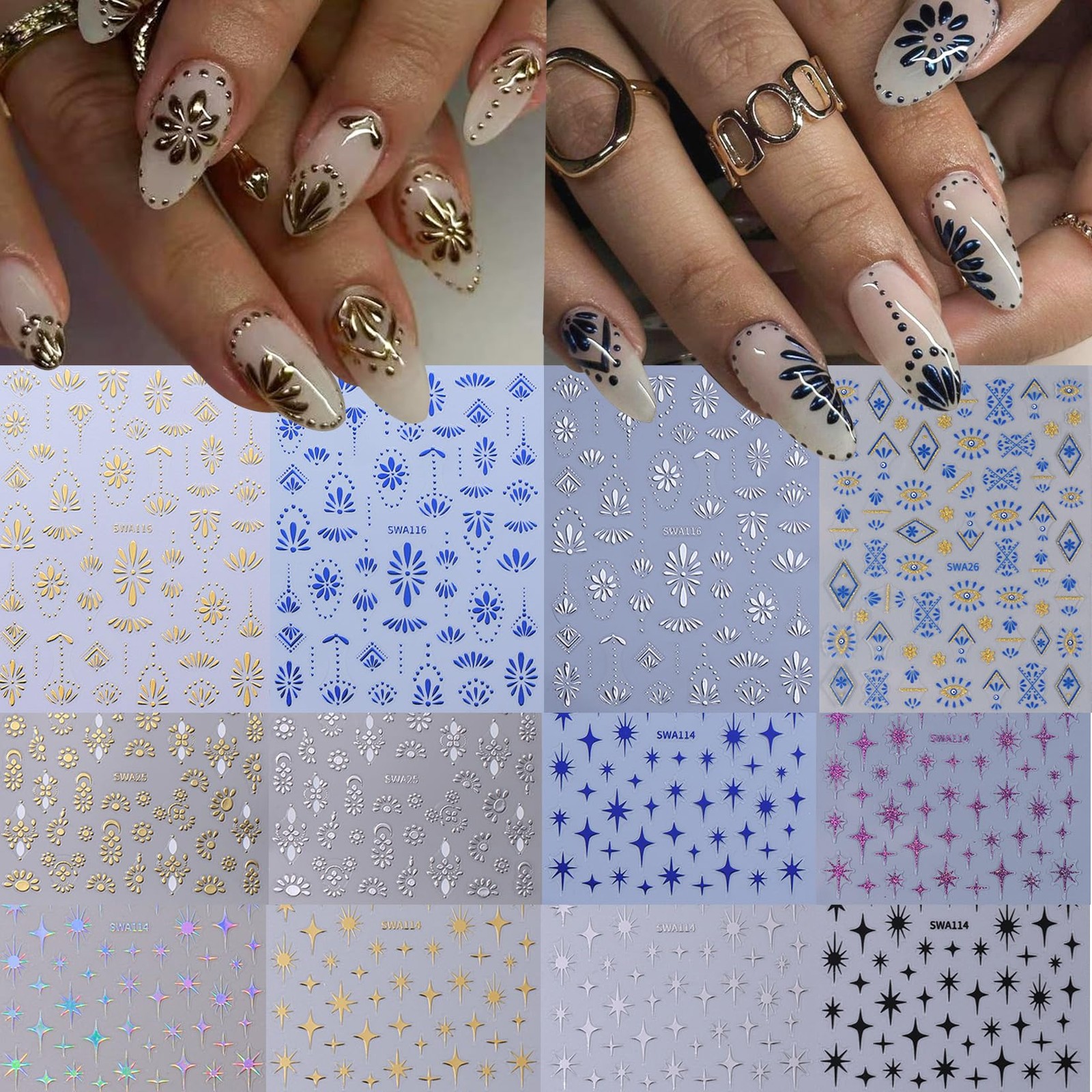 Bohemian Stickers for Nail Art 12PCS Boho Styles Decals Blue Colorful
