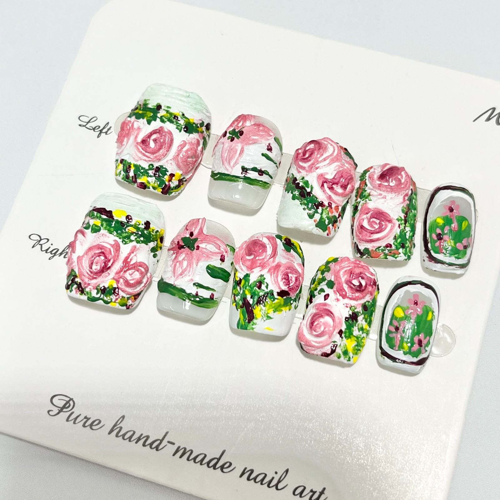 Hand Painted Pink Rose Press On Nails | 3D Textured Floral Fake Nails