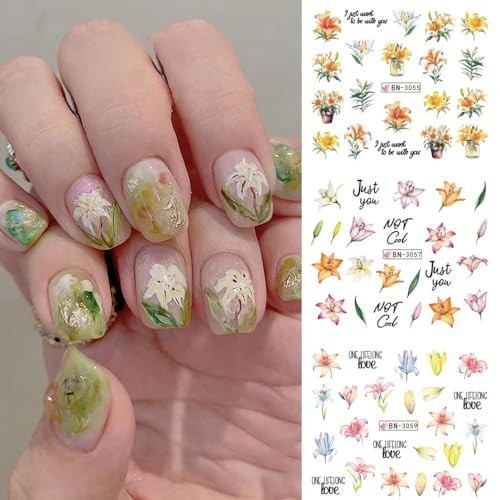 12 Sheetss Nail Stickers Water Transfer Decals Slider Art Lily Flower