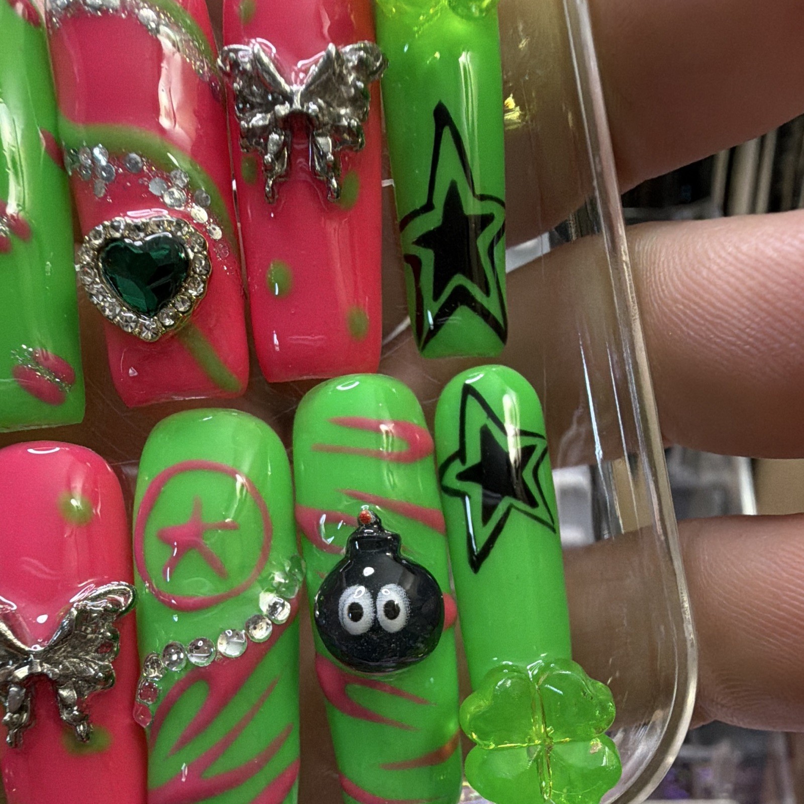 3D Star Square Press-On Nails Long Full Cover Green Pink Acrylic Pre-Designed