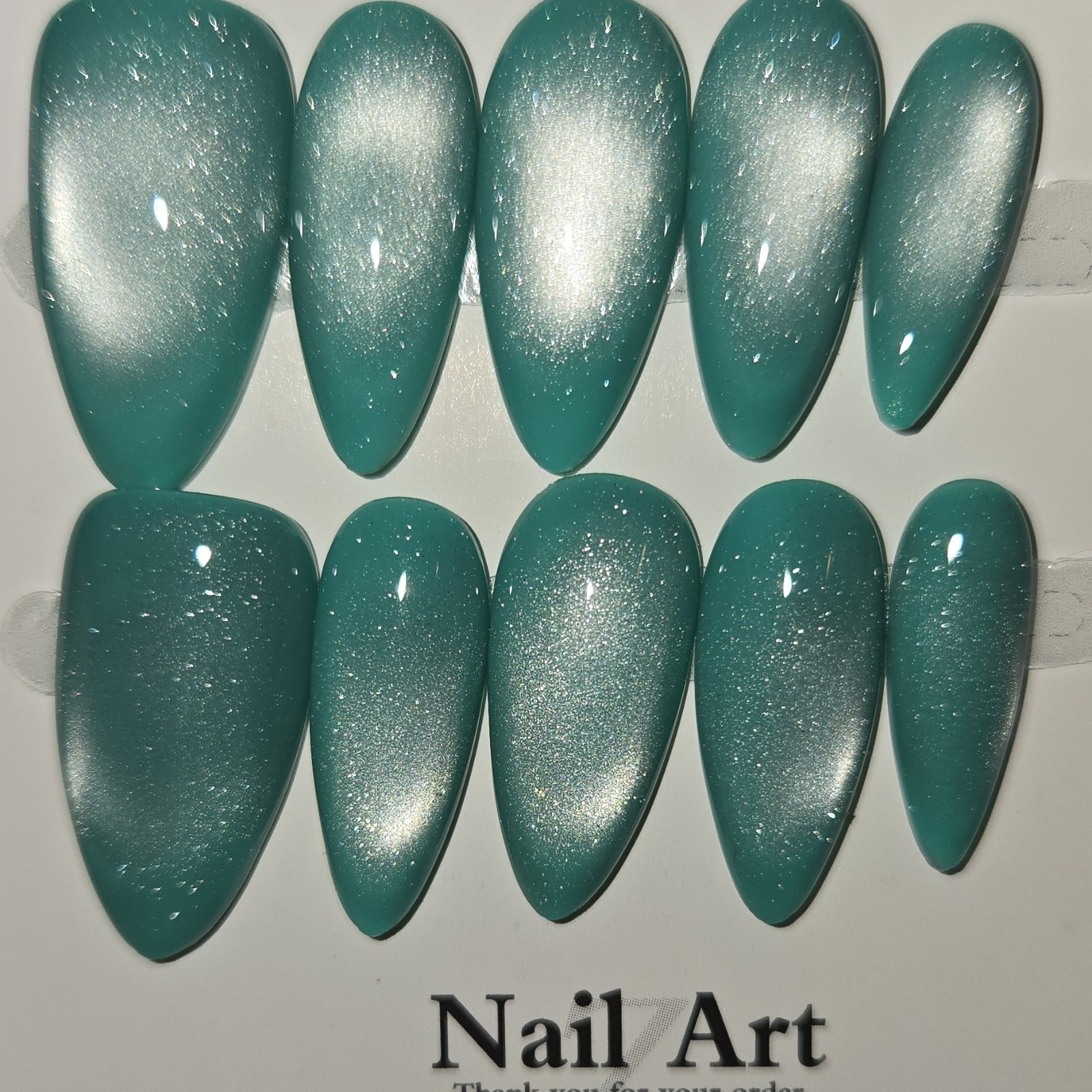 Nail Art Shiny Teal Almond Short Press-On Nails Set Full Cover Self-Adhesive