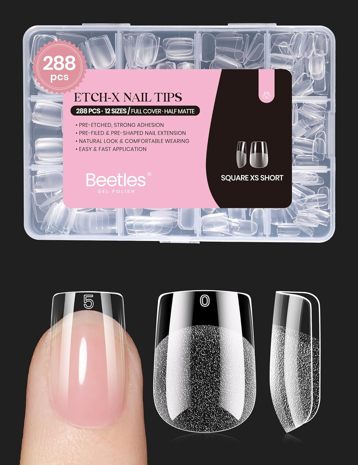 Beetles Gel Nail Tips 288 pcs Extra Short Square Tips 12 Sizes Half Matte | Full