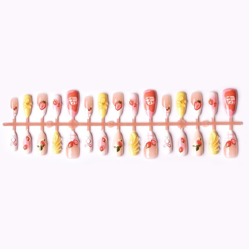 60pcs-Strawberry Press on Nail with 3D Charms and Floral Art, Short Almond Nails