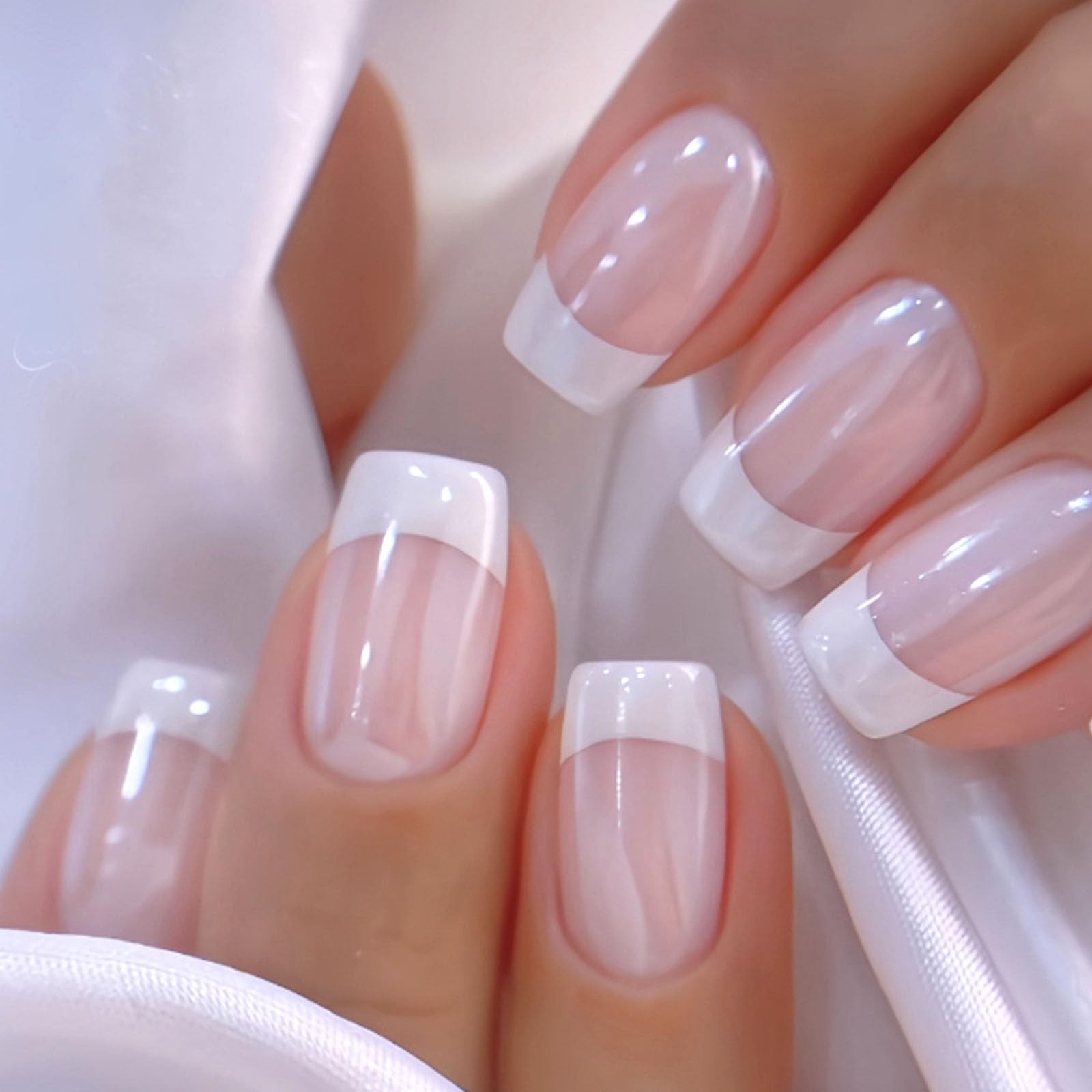 Medium Press on Nails Square White French Tip False Medium, Light Pink