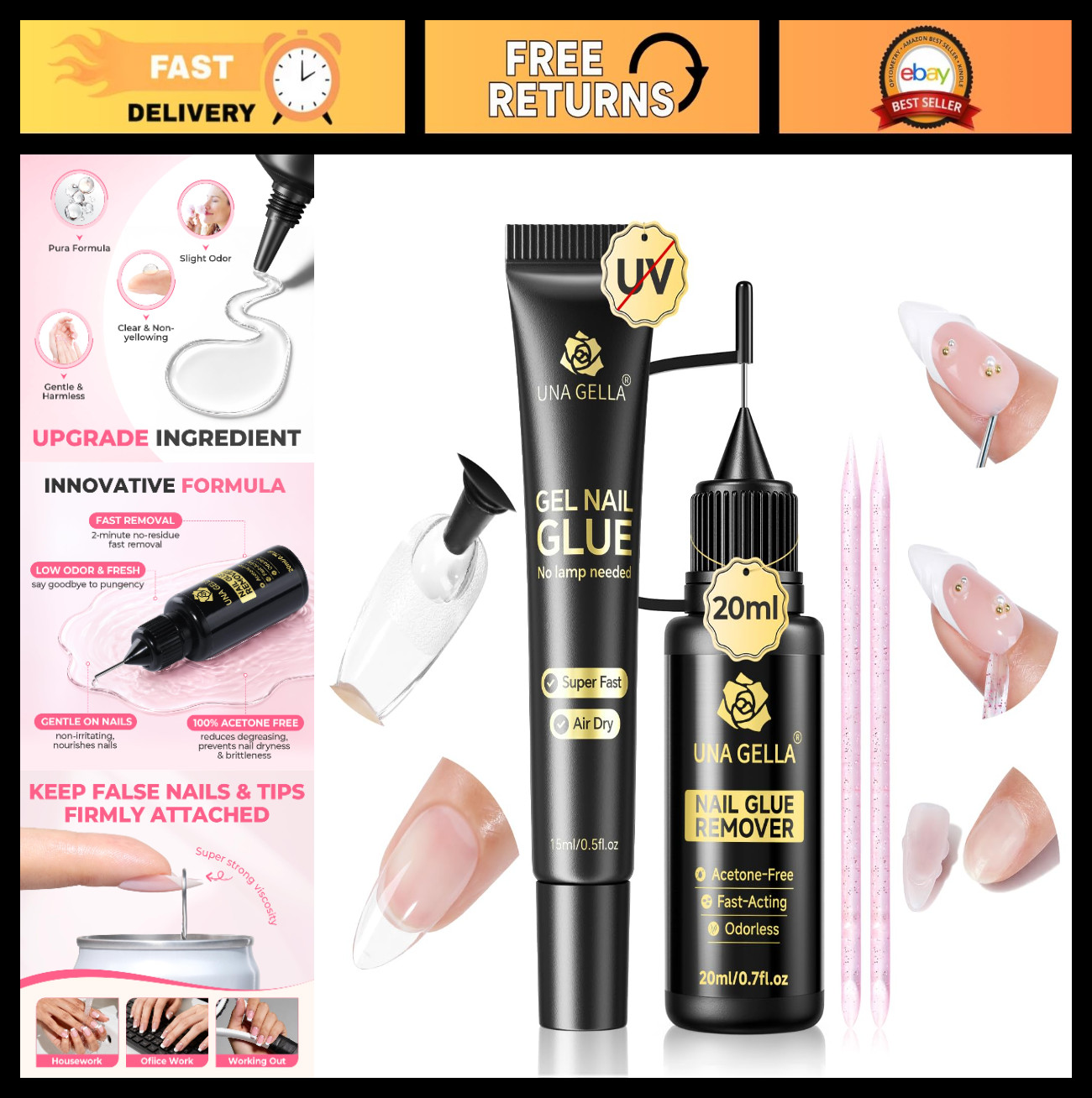 15g Nail Glue for Press On Nails + 20ml Non-Acetone Remover Kit, Quick Dry Gel