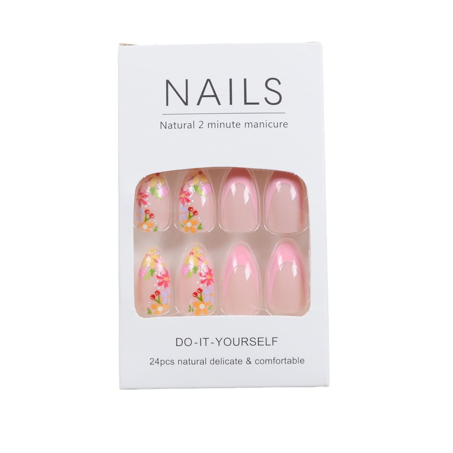 24 Pcs French Tip Press On Nails – Almond Shape, Medium Length, Pink & Colorf…