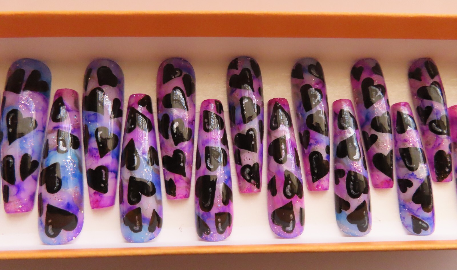 XL Blue Purple Black Silver Bubble Heart Ink Square Coffin Press On Nails (20)
