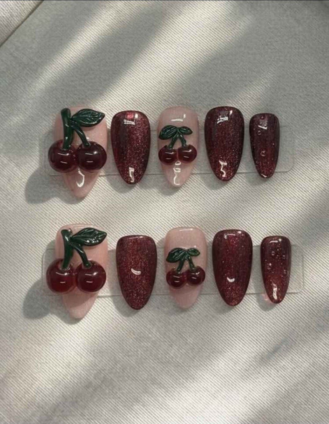3D Cherry Press-On Nails Red Cateye Reusable Handcrafted Size: Small