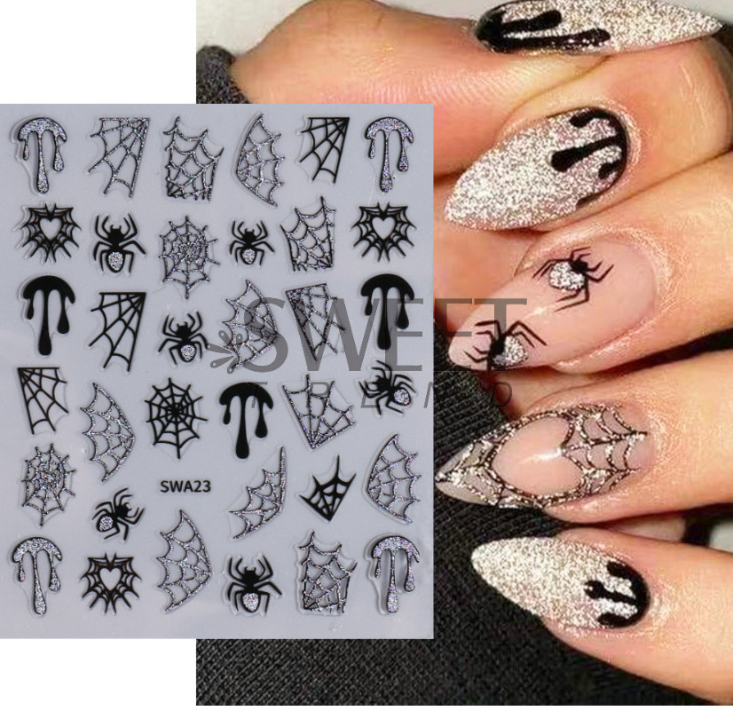 Embossed Glitter Halloween Spider Web Nail Art Stickers Self Adhesive NH27