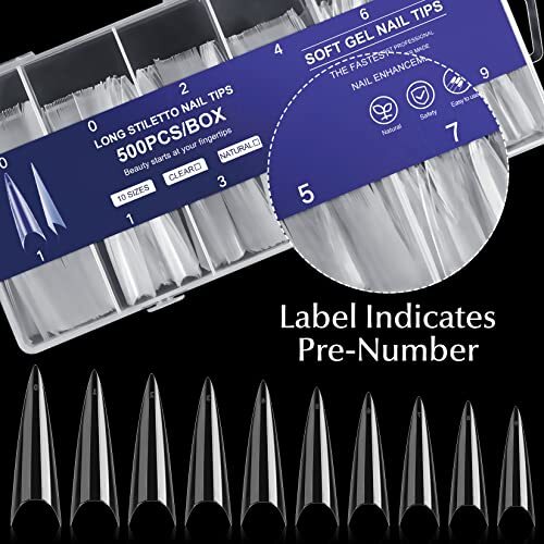 500PCS Stiletto Nail Tips Extra Long Nails Nail Tips 10 Sizes Half Cover Clear