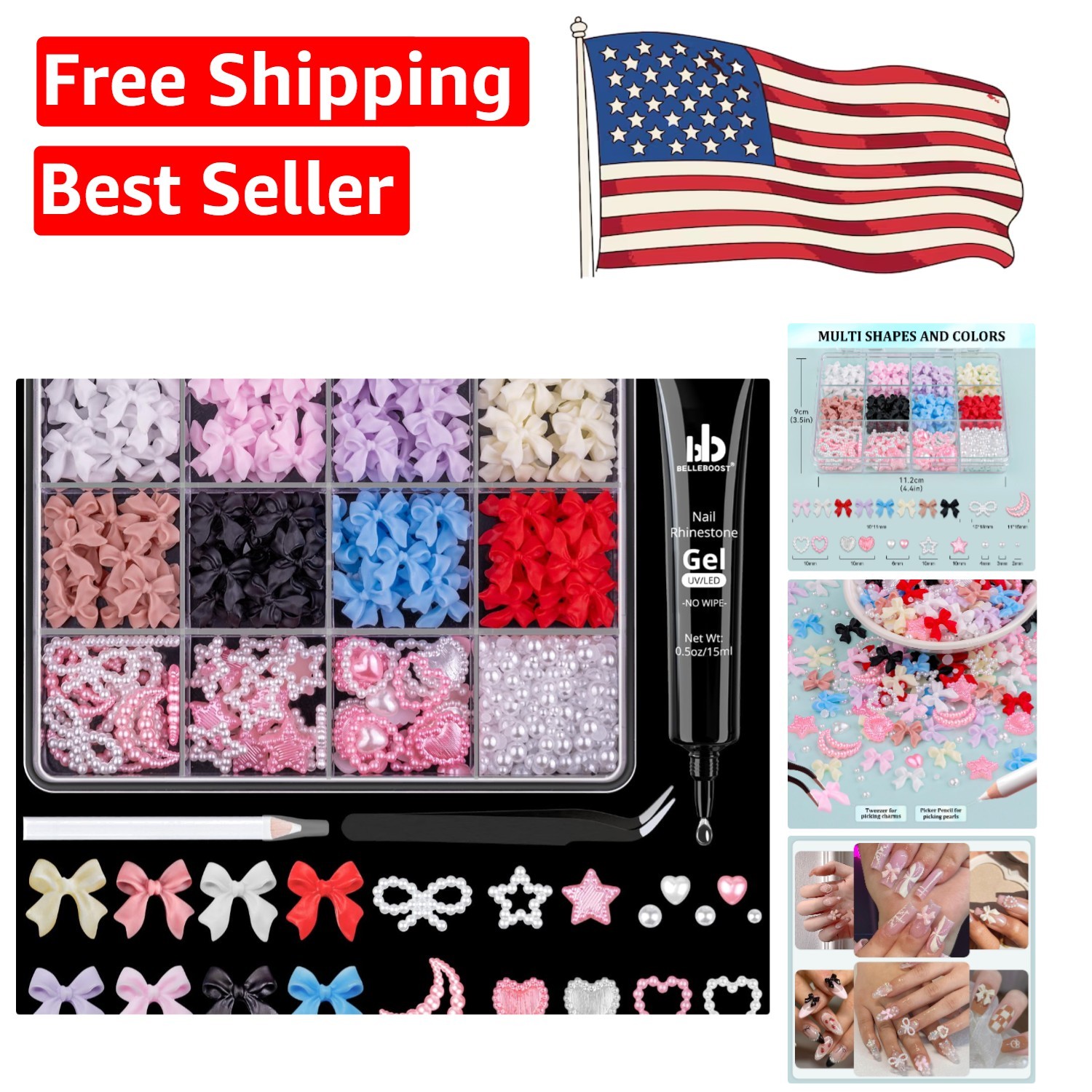 Nail Art Charm Kit: 600 Pcs Colorful 3D Charms, Pearls & Glue for Stylish Nails