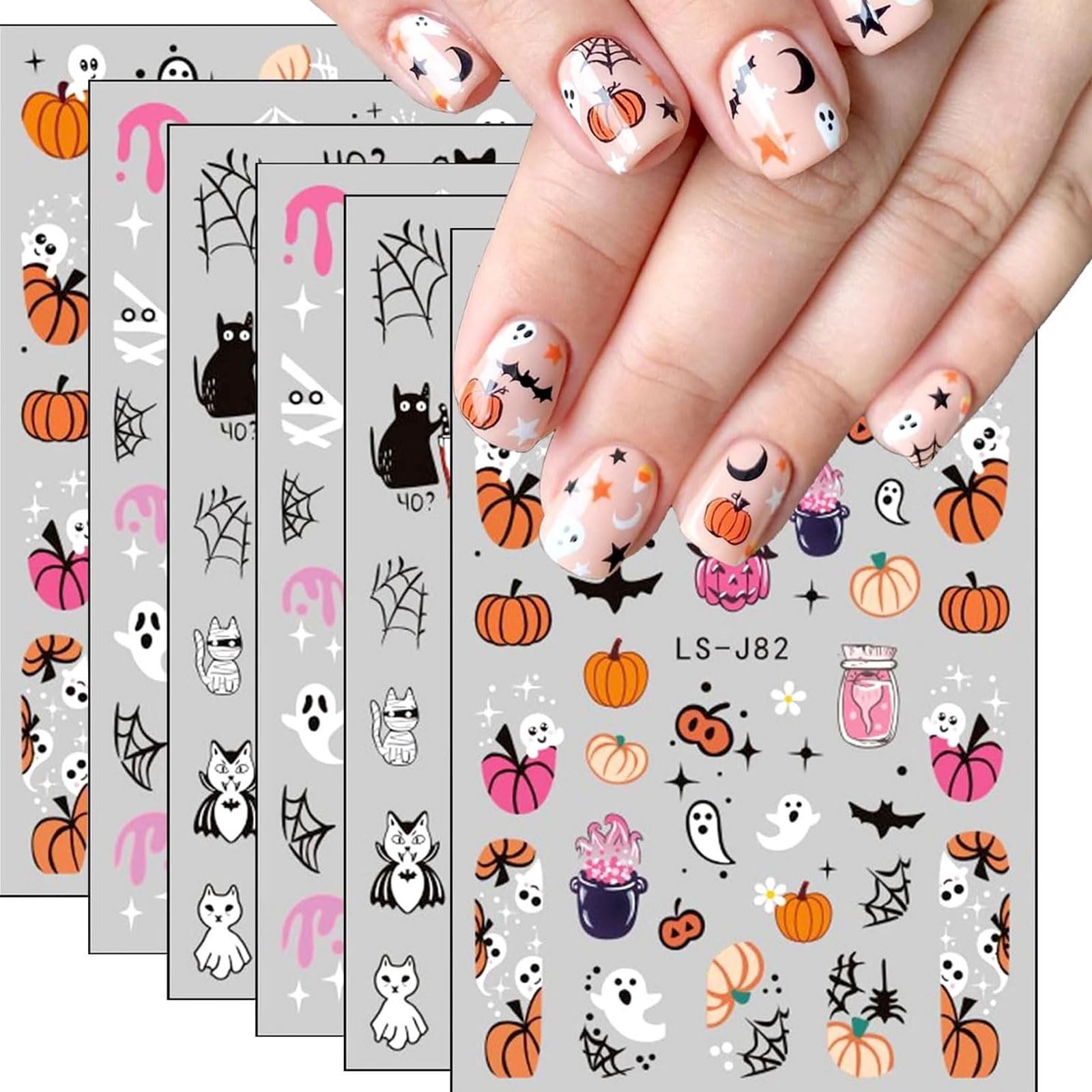 Halloween Nail Sticker Pumpkin Nail Art Sticker Cute Cat Nail Decals Spider W…