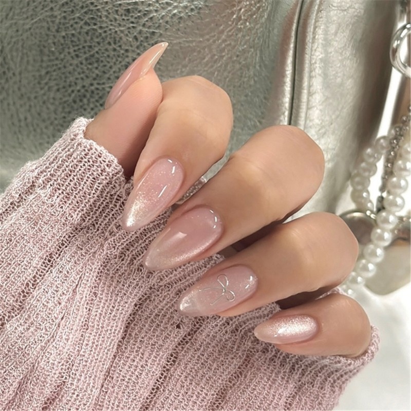 24pcs Glossy Press On Nail Almond Cats Eye False Nail For Fashionable Women
