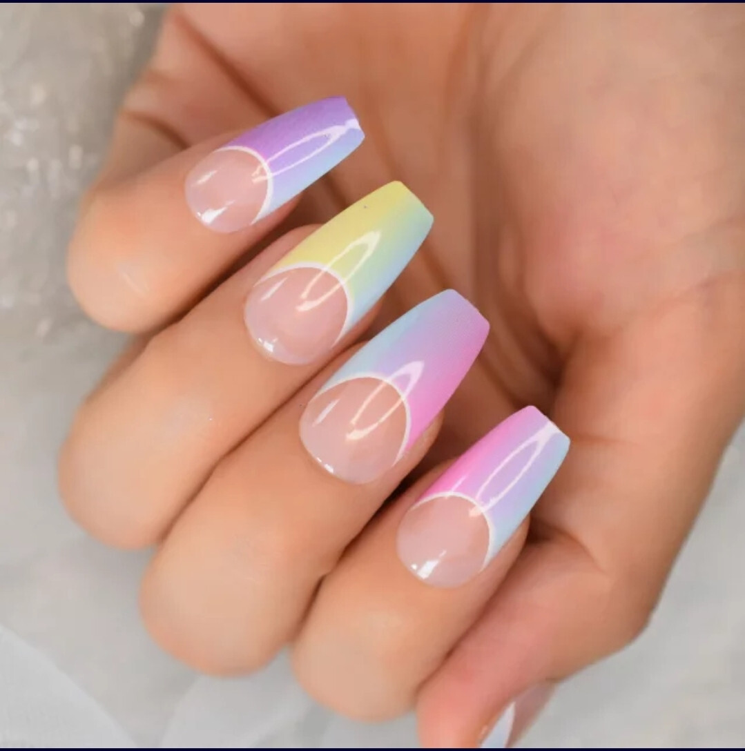 24 Medium Press on nails kit w glue rainbow ombre french clear