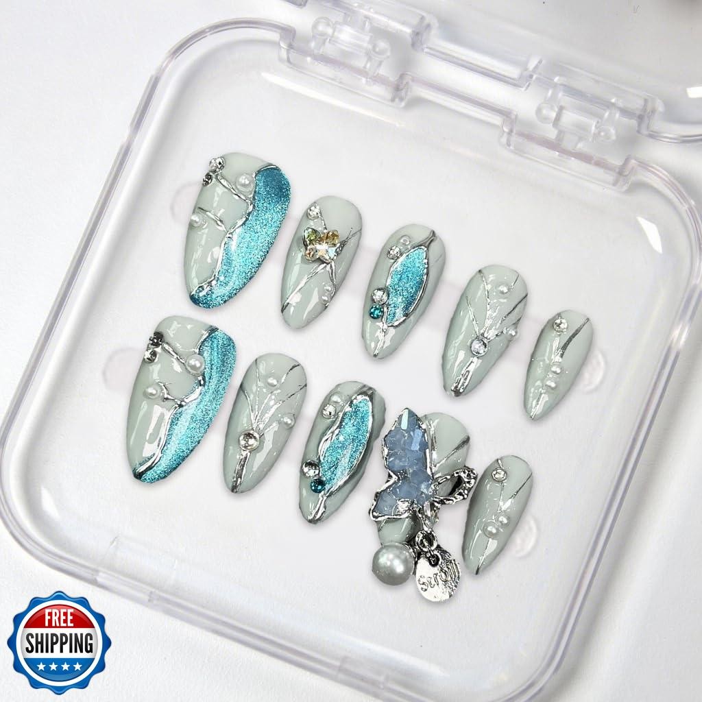 Almond Handmade Press on Nails Blue Glitter Acrylic Nails with 3D Irregular P