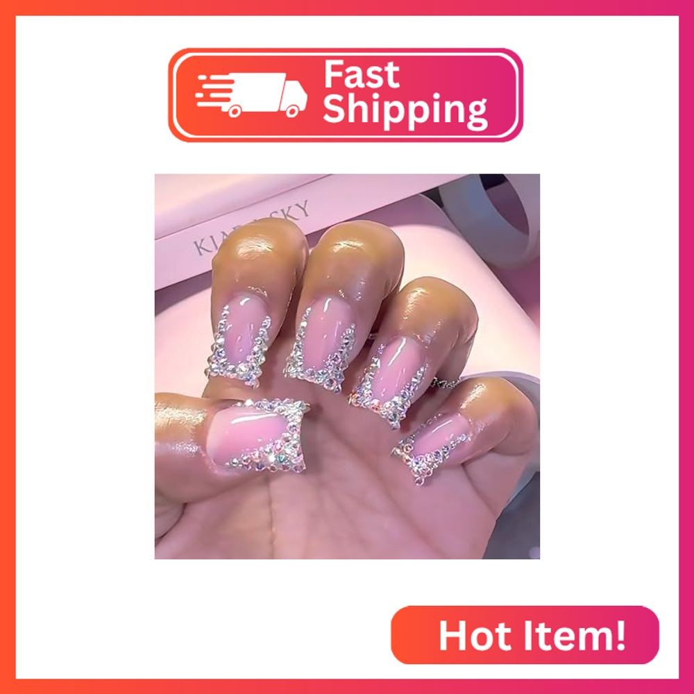 Bling Rhinestones Press on Nails Medium Square Fake Nail With Designs Glitter Fr