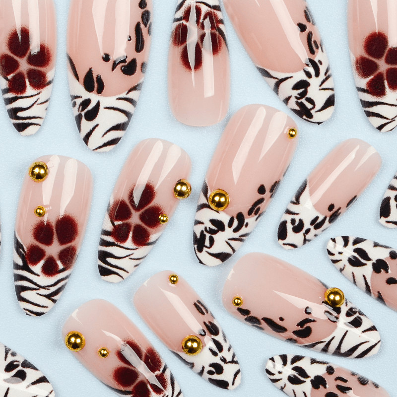 48Pcs-Long Almond Nude Zebra Print Burgundy Flower Gold Stud Press on Nails Set