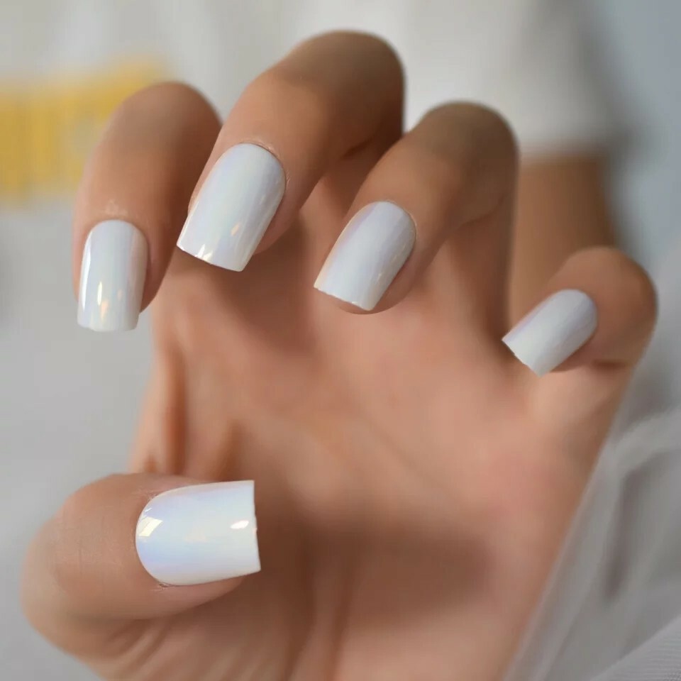 Icy White Press on Nails Holographic with glue short chrome chameleon