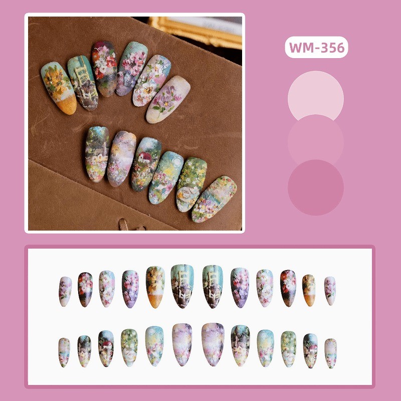 48 Pcs of Oil Painting Style Countryside Flower Fake Nails, Removable Nail Art