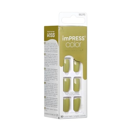 Impress Color No Glue Mani 30 Pcs Press on Nails, Olive Green, Green Juice