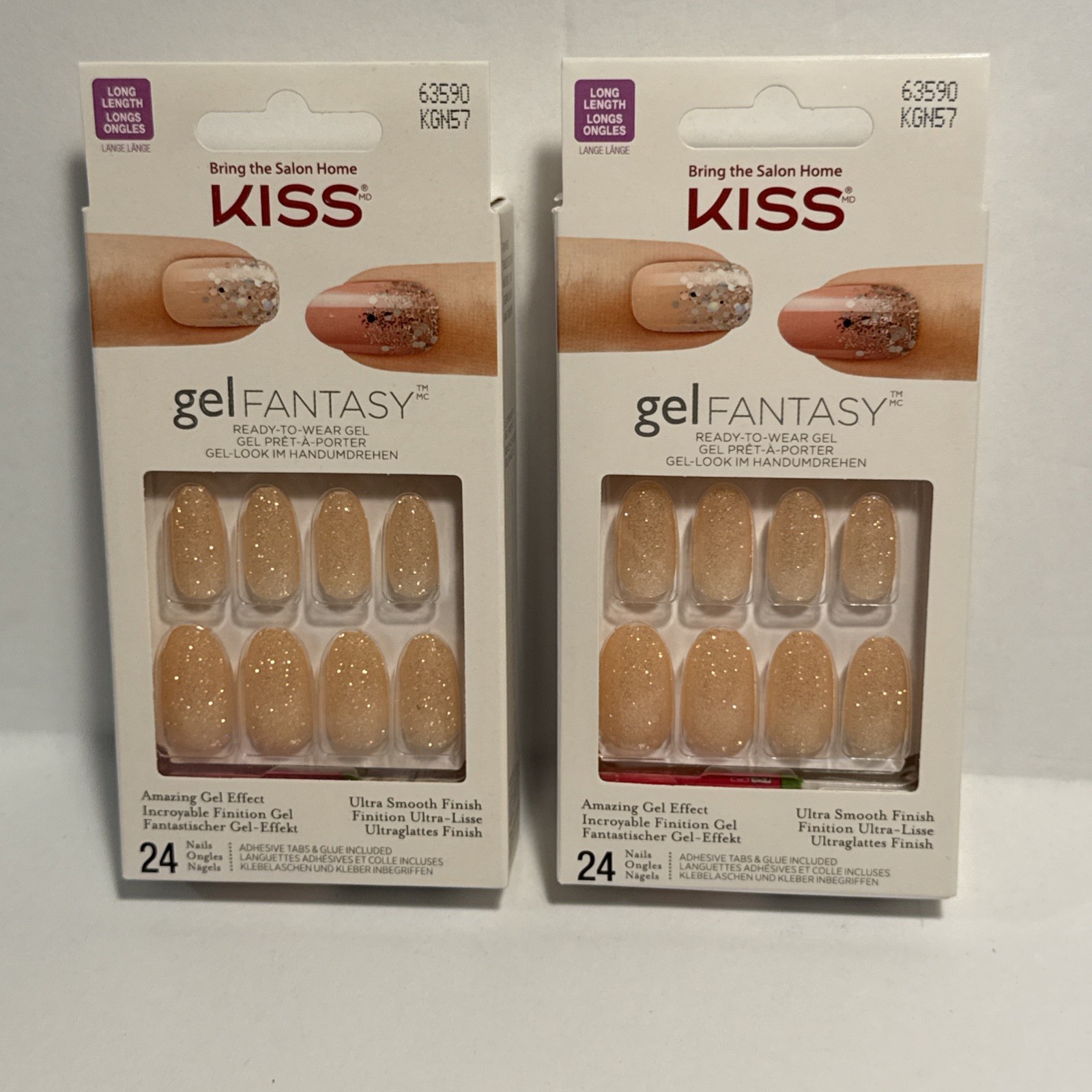 2x Kiss Glue-On Nails, Long-Length Peach Glitter Smooth Finish, 👀my Page For ++