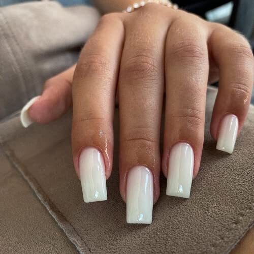 Frosting White Press on Nails Medium Long Square, Solid Color Ivory,White