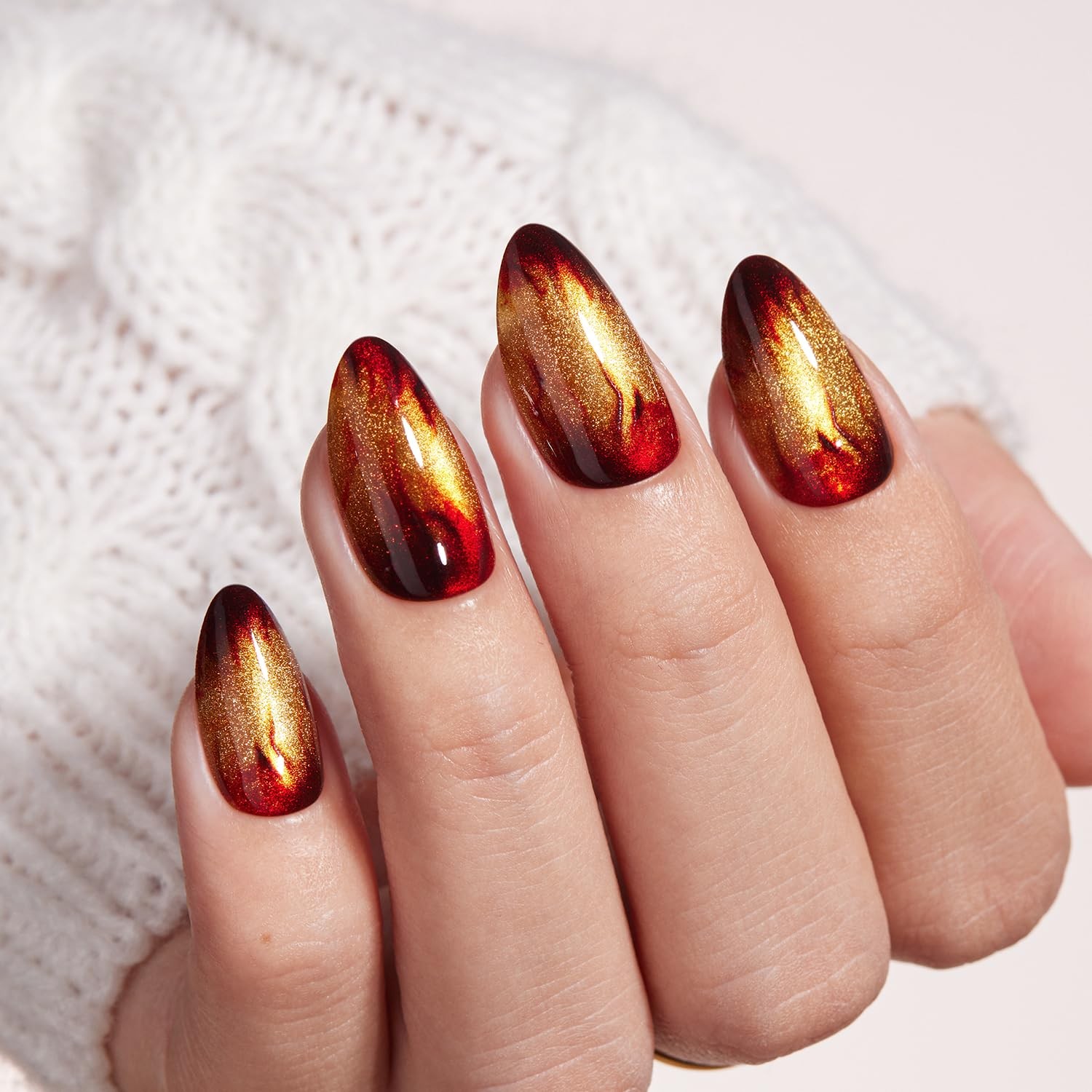 VSALON Press On Nails Short Almond – Golden Cat Eye, 32 PCS