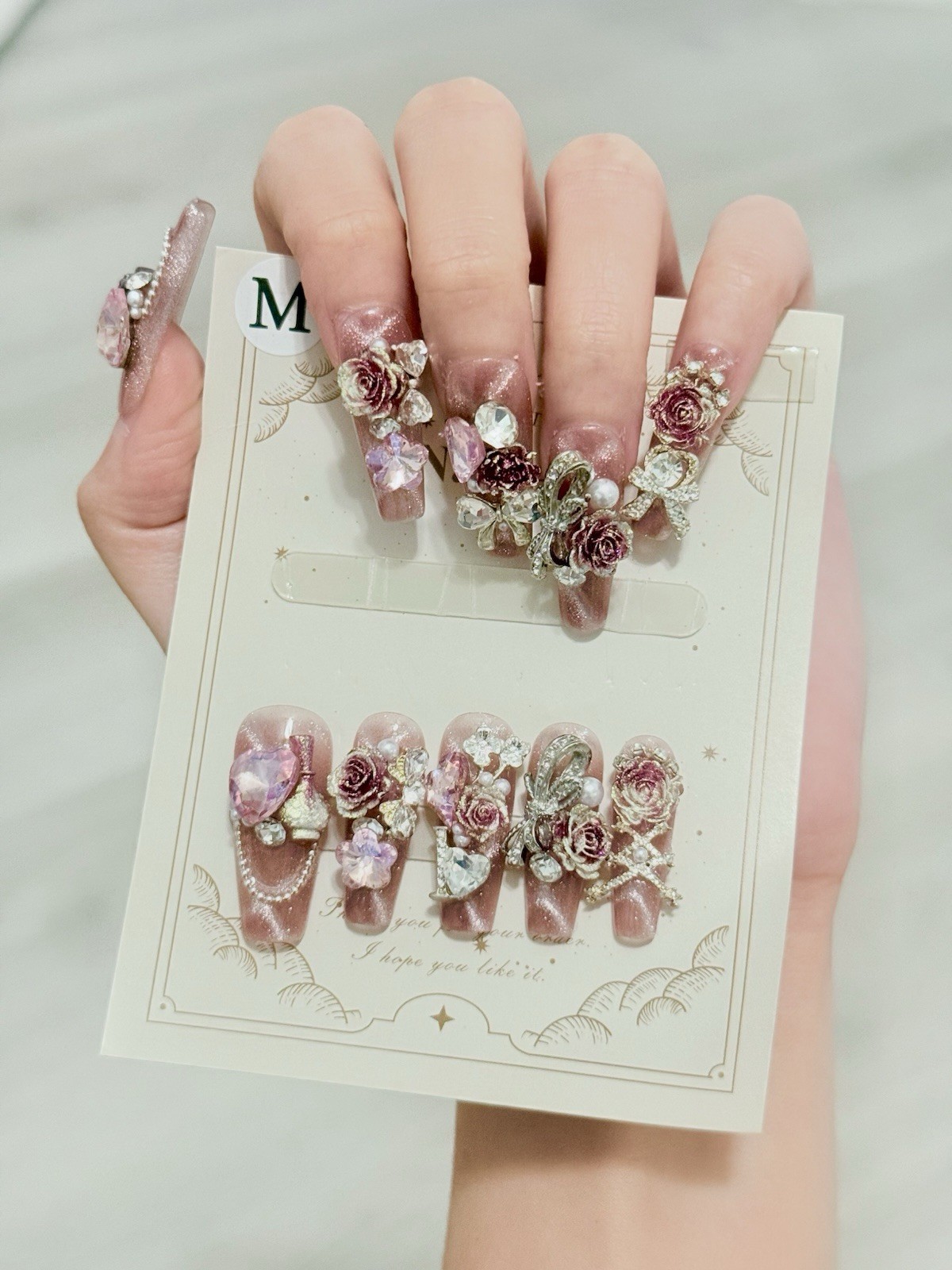 10pcs Handmade Rose Fake Nail Press On/Glue On Nails Size M(Read Description)