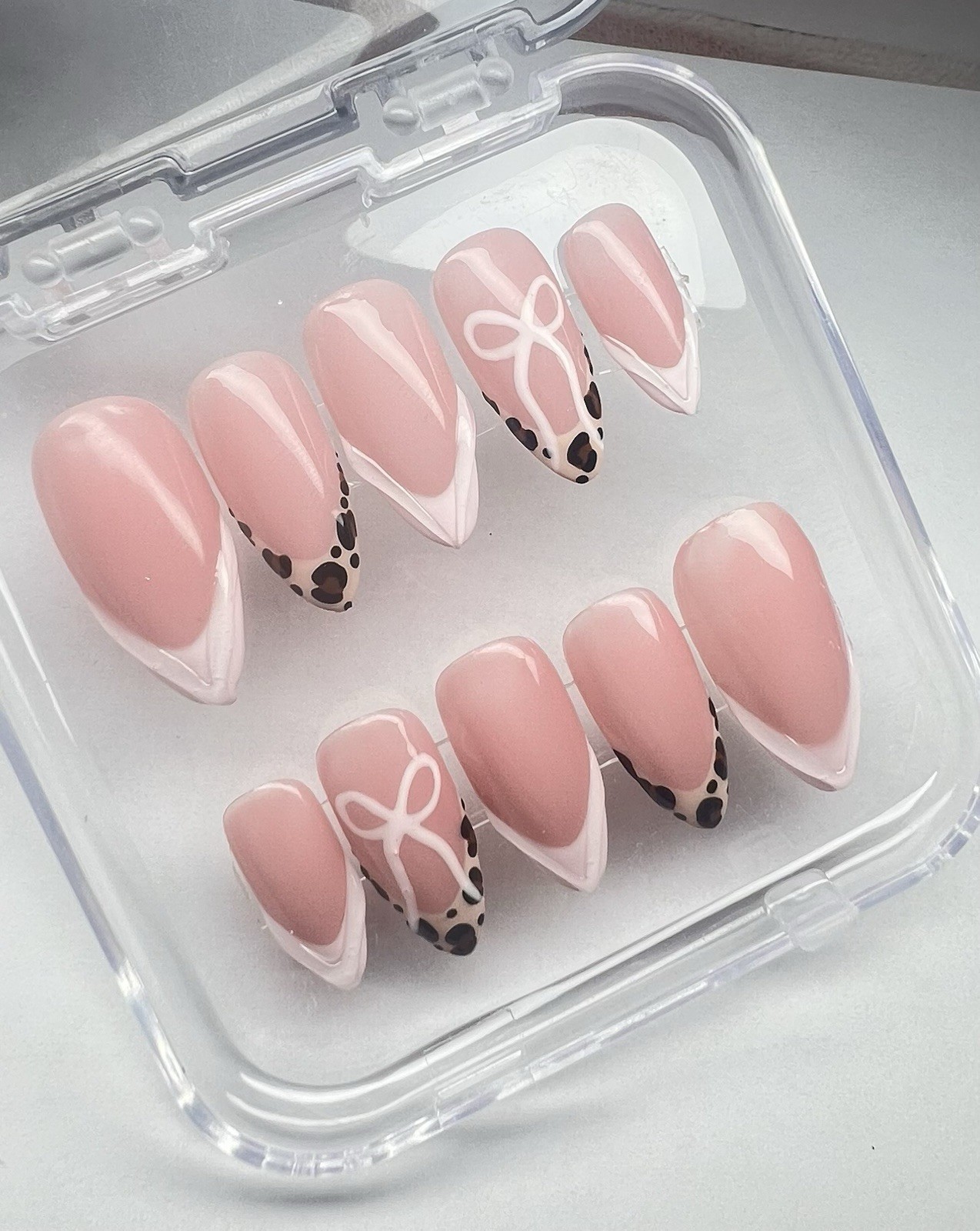 Divanailz Pink White Black French 3D Almond Press-On Nails Bow Animal, Glue, Ad…