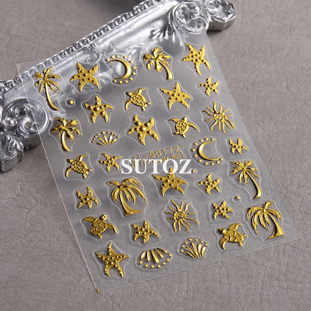 Gold Ocean Starfish Turtle Sun Palm Tree 5D Nail Stickers Embossed Decal J15D172