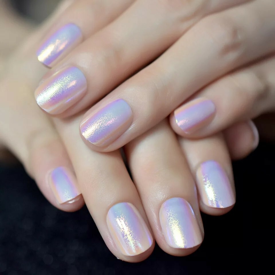 Holographic Press on Nails Pink Purple Metallic with glue unicorn short chrome