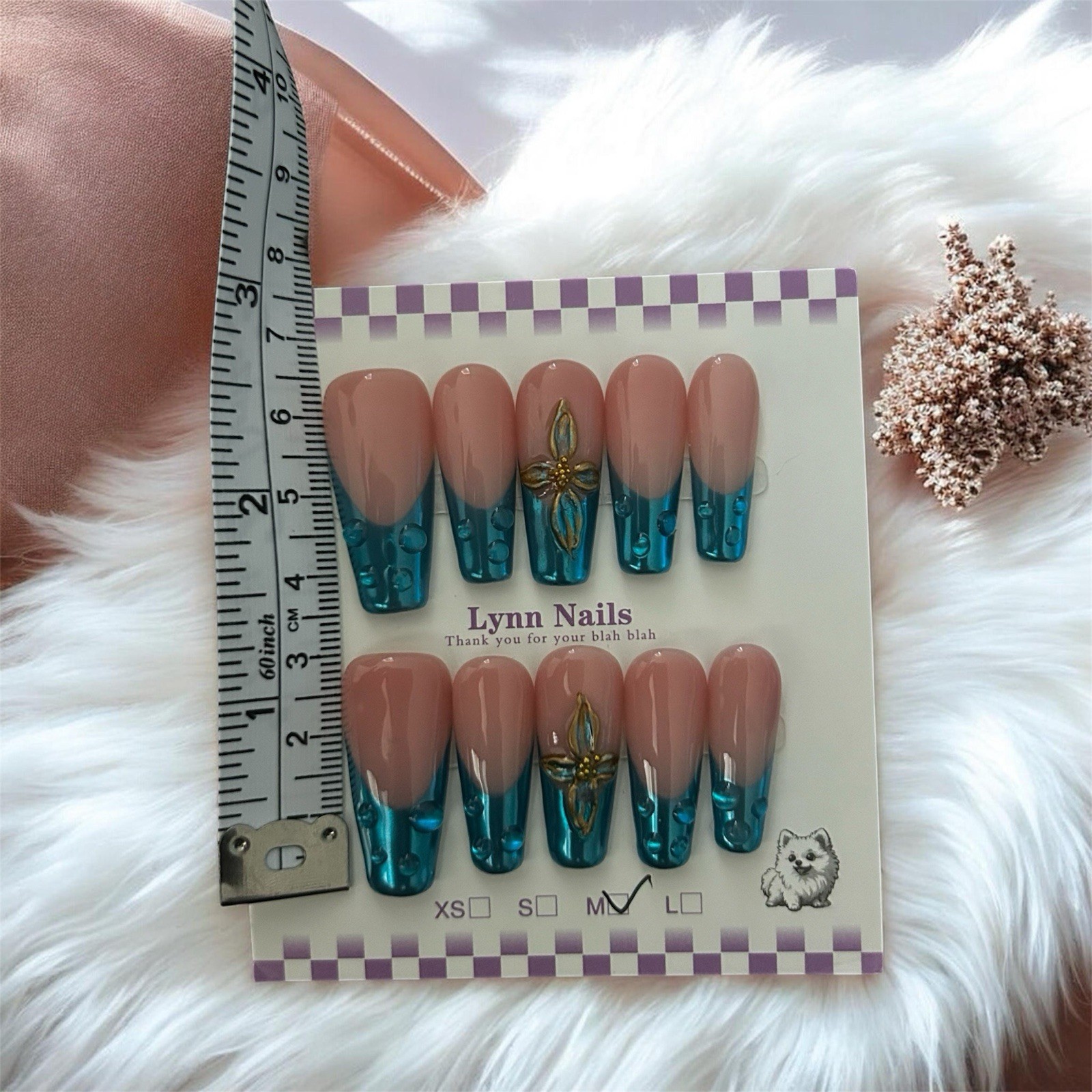 Handmade Lynn Press On Nails Size M (3.0) Blue Chrome French Tips 3D Design New