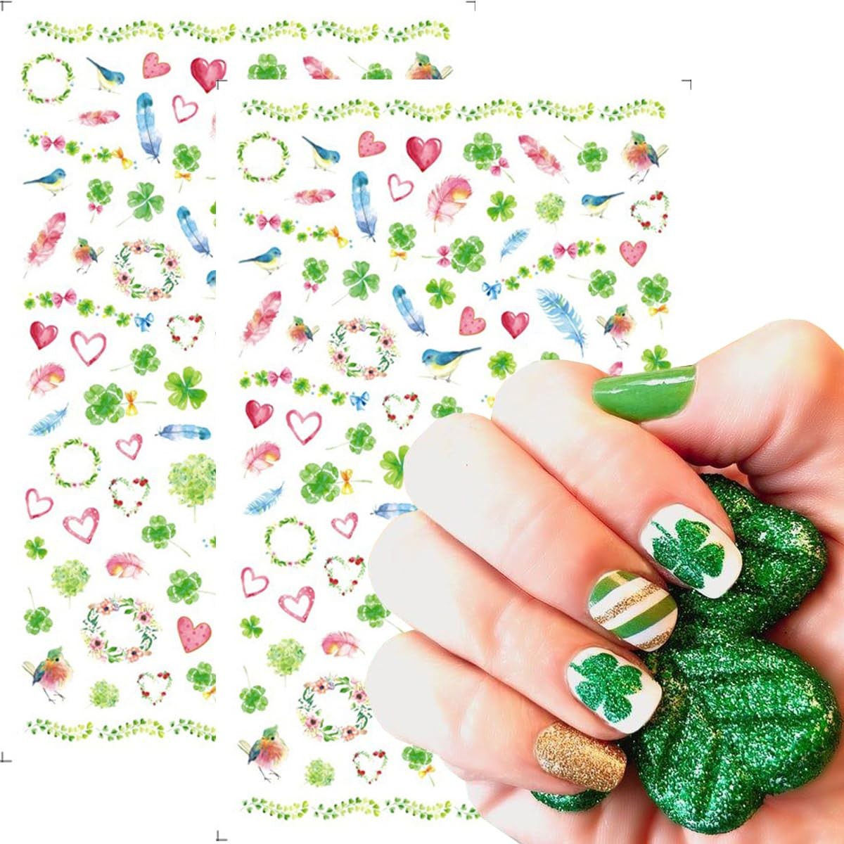 8Pcs St. Patrick’s Day Nail Art Stickers,Green Shamrock 3D Design 18