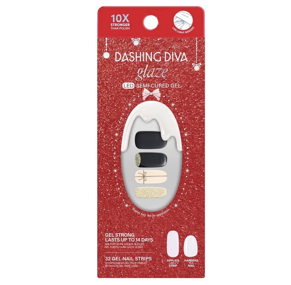 Dashing Diva Glaze LED Semi-Cured Gel Nail Strips Old Gold Holiday 14 Days Black