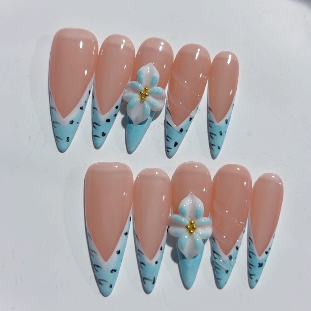 10Pcs Medium Almond Blush Nails Blue Pink 3D Carved Daily Nail Tips