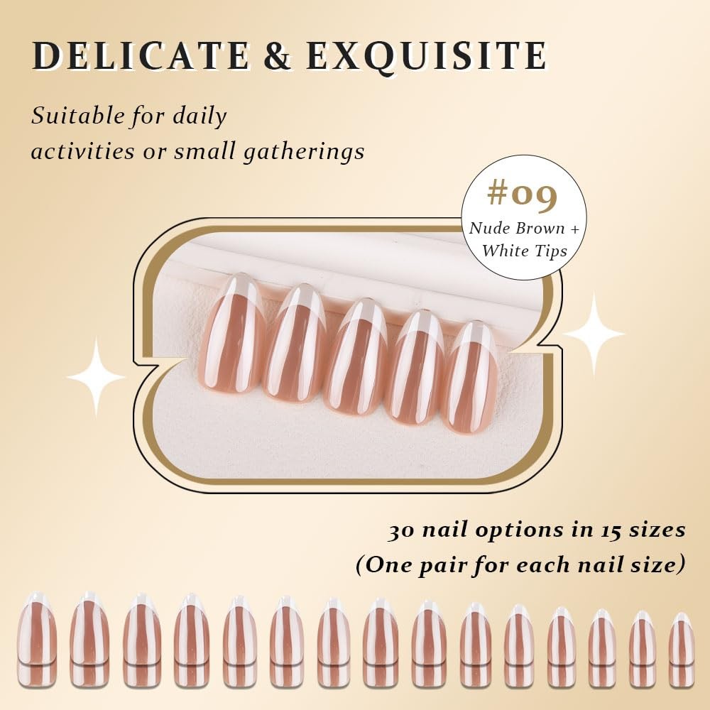 evpct French Tip Chrome Glazed Almond Nails Nude Brown/White