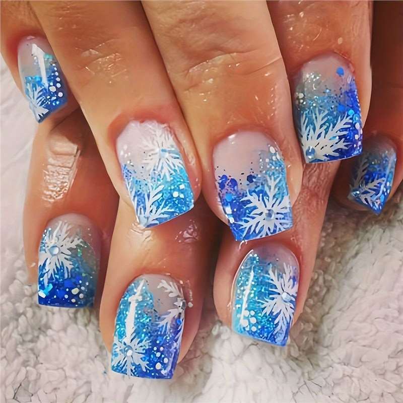 Christmas Blue Square Press On Nails Snowflake Rhinestone Glitter