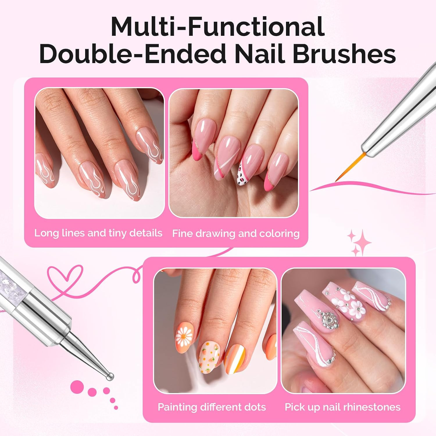 5 Pcs Nail Art Liner Brushes Dual Dotting Pen Set, for Long Lines French Tips Na