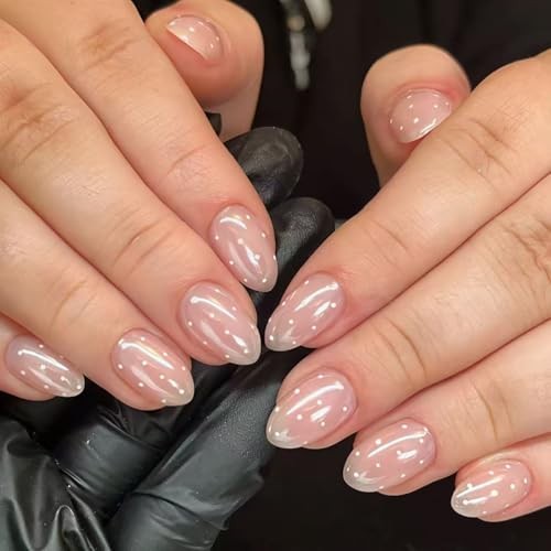 Nude Pink Electroplating Press on Nails Short Almond Fake Nails Aurora White